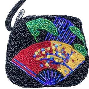 Vintage Chico’s clutch bag wallet sequins beaded black red Asian